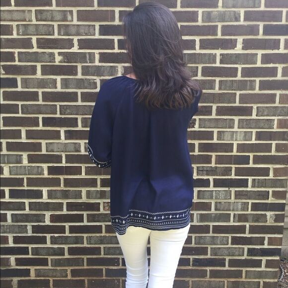 Navy Lace-up Embroidered Peasant Top - Picture 4 of 5